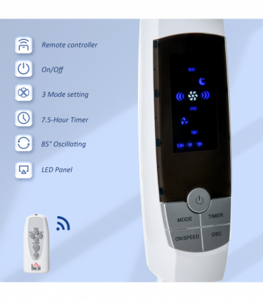 Pedestal Fan - Height Adjustable, 7.5 Hour Timer, 85° Oscillation, LED Panel