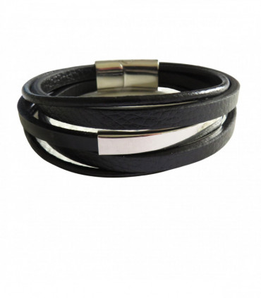 Men's Black Leather Bar Bracelet - Fashion Accessory