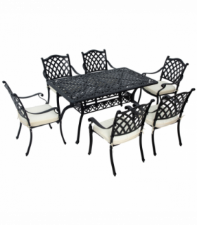 Outsunny 7-PC Cast Aluminium Patio Dining Set w/ Umbrella Hole & Cushion, Black