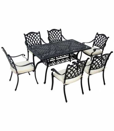 Outsunny 7-PC Cast Aluminium Patio Dining Set w/ Umbrella Hole & Cushion, Black
