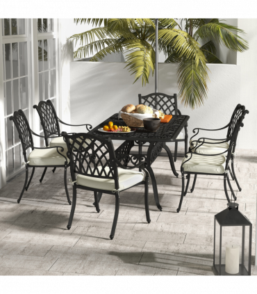 Outsunny 7-PC Cast Aluminium Patio Dining Set w/ Umbrella Hole & Cushion, Black