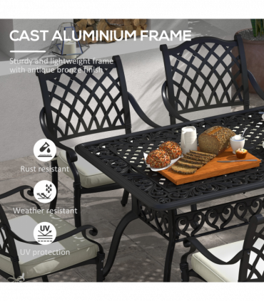 Outsunny 7-PC Cast Aluminium Patio Dining Set w/ Umbrella Hole & Cushion, Black
