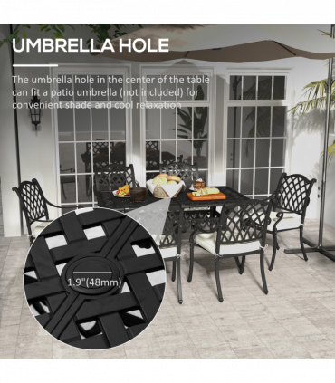 Outsunny 7-PC Cast Aluminium Patio Dining Set w/ Umbrella Hole & Cushion, Black