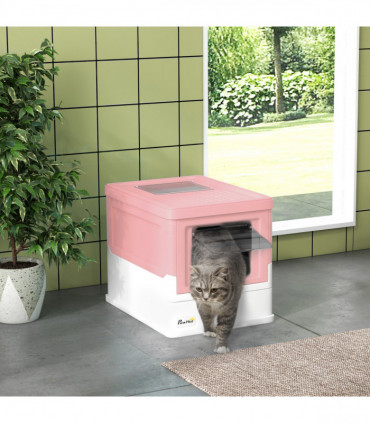 PawHut Hooded Cat Litter Box, Pet Toilet w/ Scoop, Tray - Pink