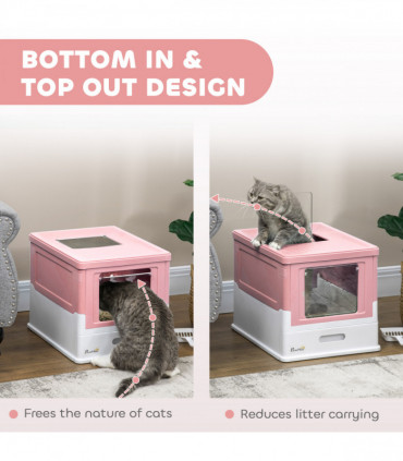 PawHut Hooded Cat Litter Box, Pet Toilet w/ Scoop, Tray - Pink