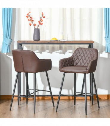 Set Of 2 Retro PU Leather Bar Chairs Set Stylish w/ Footrest Metal Frame