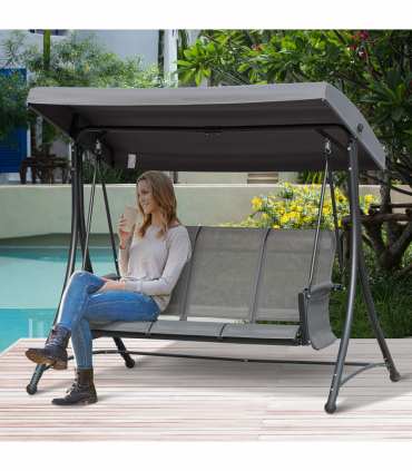 3 Seat Metal Fabric Backyard Patio Swing Chair with Canopy Top Outsunny