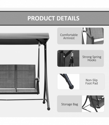 3 Seat Metal Fabric Backyard Patio Swing Chair with Canopy Top Outsunny