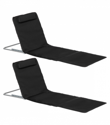 Outsunny 2 Pieces Outdoor Beach Mat Steel Reclining Chair Set w/ Pillow Black
