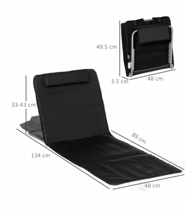 Outsunny 2 Pieces Outdoor Beach Mat Steel Reclining Chair Set w/ Pillow Black