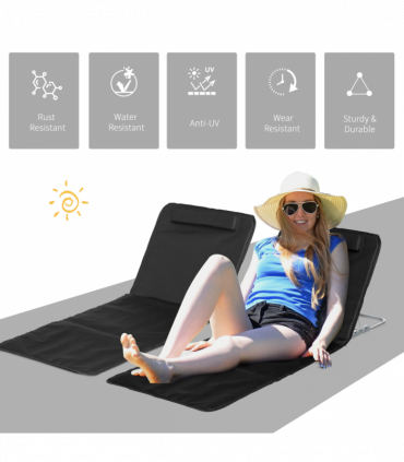 Outsunny 2 Pieces Outdoor Beach Mat Steel Reclining Chair Set w/ Pillow Black