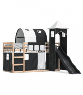 vidaXL Bunk Bed with Slide and Curtains White and Black 90x190 cm