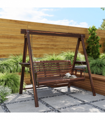Outsunny 3 Seater Wooden Garden Swing Chair with Side Tables