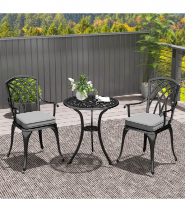 Outsunny 3 PCs Aluminium Garden Coffee Table Set w/ Parasol Hole & Cushions