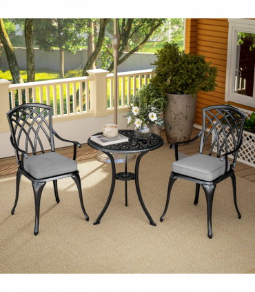 Outsunny 3 PCs Aluminium Garden Coffee Table Set w/ Parasol Hole & Cushions