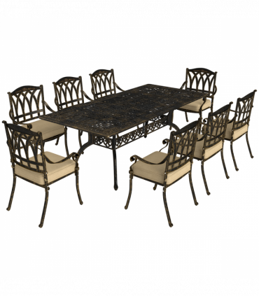 Elegant Nine-Piece Dining Set with Cushions & Parasol Hole for Outdoor Use