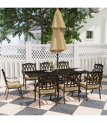 Elegant Nine-Piece Dining Set with Cushions & Parasol Hole for Outdoor Use