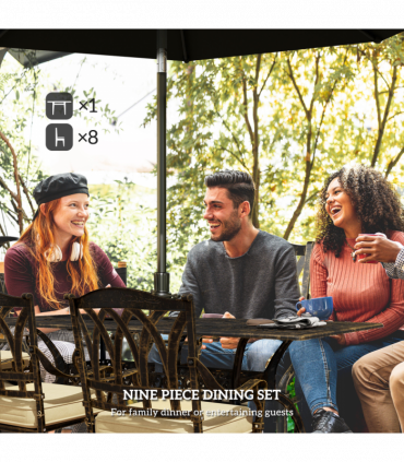 Elegant Nine-Piece Dining Set with Cushions & Parasol Hole for Outdoor Use