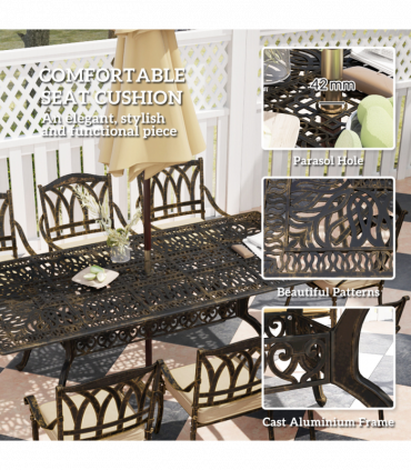 Elegant Nine-Piece Dining Set with Cushions & Parasol Hole for Outdoor Use