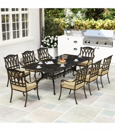 Elegant Nine-Piece Dining Set with Cushions & Parasol Hole for Outdoor Use