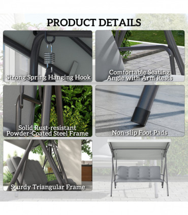 Outsunny 3 Person Porch Swing Chair Outdoor Lounge Bench Canopy Light Grey