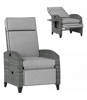 Outsunny Outdoor Recliner Chair w/ Cushion Rattan Reclining Lounge Chair, Grey