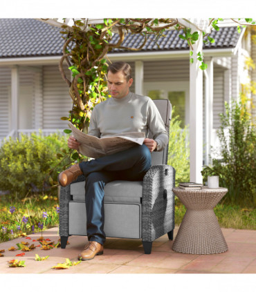 Outsunny Outdoor Recliner Chair w/ Cushion Rattan Reclining Lounge Chair, Grey