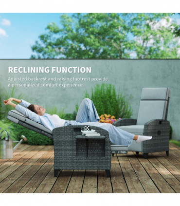 Outsunny Outdoor Recliner Chair w/ Cushion Rattan Reclining Lounge Chair, Grey