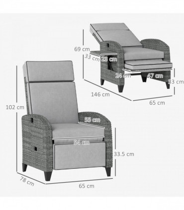 Outsunny Outdoor Recliner Chair w/ Cushion Rattan Reclining Lounge Chair, Grey