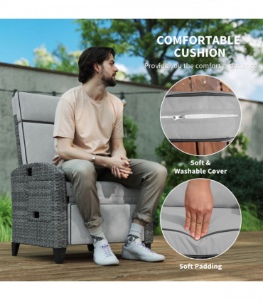 Outsunny Outdoor Recliner Chair w/ Cushion Rattan Reclining Lounge Chair, Grey