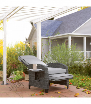 Outsunny Outdoor Recliner Chair w/ Cushion Rattan Reclining Lounge Chair, Grey