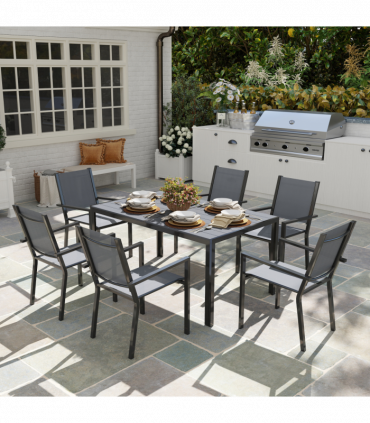 Outsunny 7 Piece Garden Dining Set, Outdoor Furniture w/ 6 Stackable Chairs