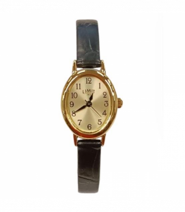 Limit Ladies Basic 27mm oval Golden Dial Black Number with Black Faux Leather Strap Watch  60144