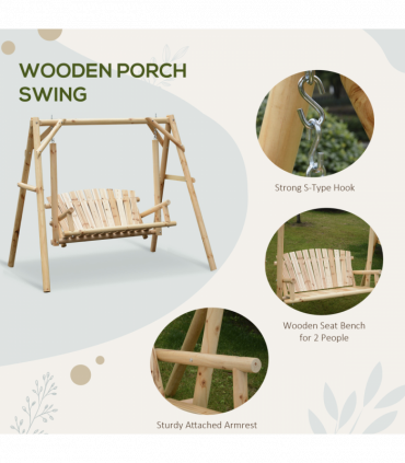 Outdoor 2 Seater Porch Swing Wooden Rustic Patio Bench Hammock w/ Armrest