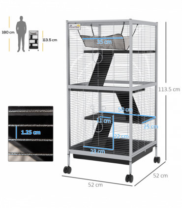 PawHut Rolling Small Animal Cage for Chinchillas Ferrets Kittens W/ Ramp Grey