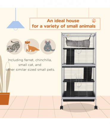 PawHut Rolling Small Animal Cage for Chinchillas Ferrets Kittens W/ Ramp Grey