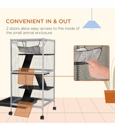 PawHut Rolling Small Animal Cage for Chinchillas Ferrets Kittens W/ Ramp Grey