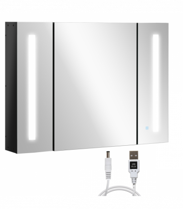 kleankin LED Bathroom Mirror Cabinet with Shelves Wall Mount High Gloss Black