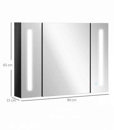 kleankin LED Bathroom Mirror Cabinet with Shelves Wall Mount High Gloss Black