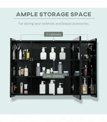 kleankin LED Bathroom Mirror Cabinet with Shelves Wall Mount High Gloss Black