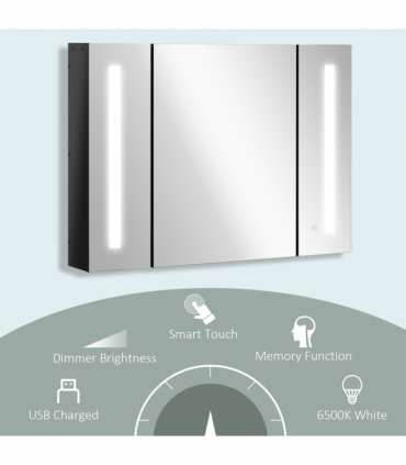 kleankin LED Bathroom Mirror Cabinet with Shelves Wall Mount High Gloss Black