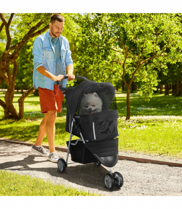 Pet Stroller Pushchair Carrier for Cat Puppy with 3 Wheels Black