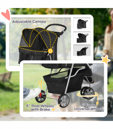 Pet Stroller Pushchair Carrier for Cat Puppy with 3 Wheels Black
