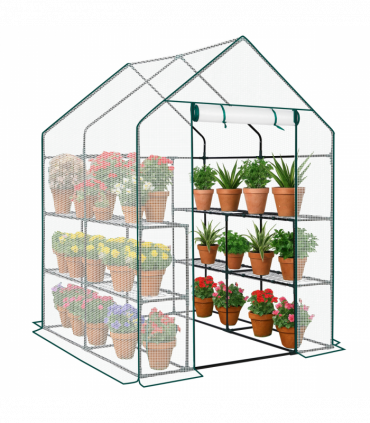 Mini Walk-in Greenhouse with PE Cover, 8-Shelf Indoor Outdoor Plant Gardening Green House for Garden Backyard, 56" x 56" x 77", White
