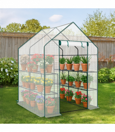 Mini Walk-in Greenhouse with PE Cover, 8-Shelf Indoor Outdoor Plant Gardening Green House for Garden Backyard, 56" x 56" x 77", White