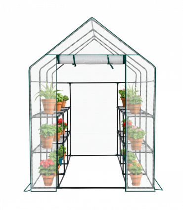 Mini Walk-in Greenhouse with PE Cover, 8-Shelf Indoor Outdoor Plant Gardening Green House for Garden Backyard, 56" x 56" x 77", White