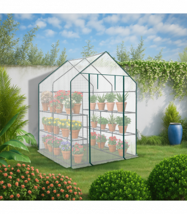 Mini Walk-in Greenhouse with PE Cover, 8-Shelf Indoor Outdoor Plant Gardening Green House for Garden Backyard, 56" x 56" x 77", White