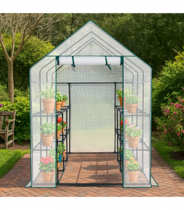 Mini Walk-in Greenhouse with PE Cover, 8-Shelf Indoor Outdoor Plant Gardening Green House for Garden Backyard, 56" x 56" x 77", White