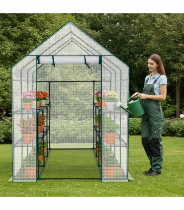 Mini Walk-in Greenhouse with PE Cover, 8-Shelf Indoor Outdoor Plant Gardening Green House for Garden Backyard, 56" x 56" x 77", White