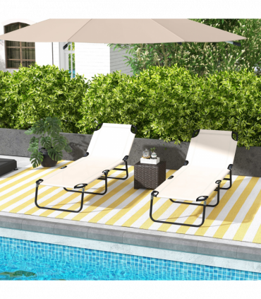 Outsunny 2 Piece Reclining Chaise Lounge with 5-Level Adjustable Backrest Cream